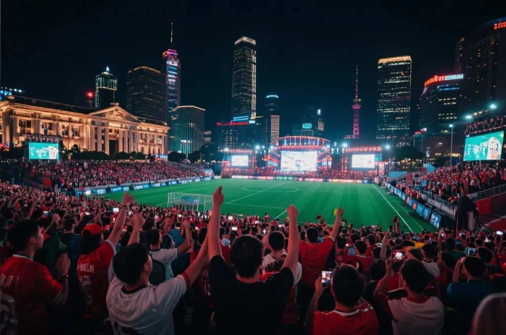 球迷在大型城市地标前聚集观看世界杯赛事的热闹场景